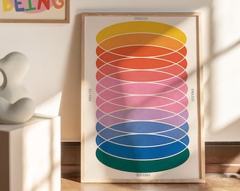 Regenboog geometrische 'eindeloze' poster | AFDRUKBAAR | Vormen, spirituele, psychedelische kunst aan de muur | Retro jaren 70, funky kleurrijk, maximalistisch interieur