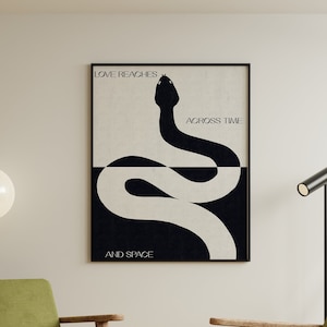Black and White &#39;Love Reaches Across Time and Space&#39; DIGITAL Poster | Typography, Abstract Minimalistic Decor | Snake Painting Wall Art