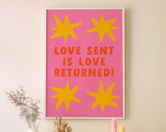 Colorful Love Print | Digital Poster | Maximalist Typography, Funky 70s Boho Pink Decor | Groovy Quote, Trendy Home, Coastal Summer Decor