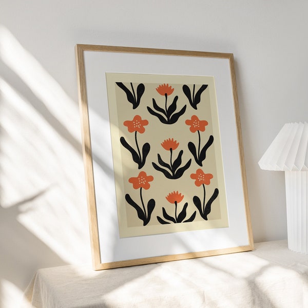 Windflower und Mohnblumen Poster | DRUCKBARE gewellte rote, schwarze Blumen-Muster-Kunst | Boho, Natur, Blumengarten | Botanisches Cottage Home Kindergarten