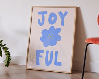 Typography 'Joyful' Wall Art | Pastel Blue Flower | PRINTABLE Mid Century Modern, Minimalist Home Decor | Cute Happy Kids Aesthetic