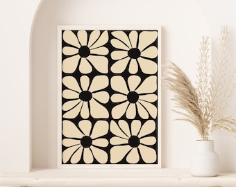 Póster de patrón de flores onduladas de mediados de siglo en blanco y negro / Arte de pared digital instantáneo / Gustaf Westman / 70s, Funky Hippie Home Decor