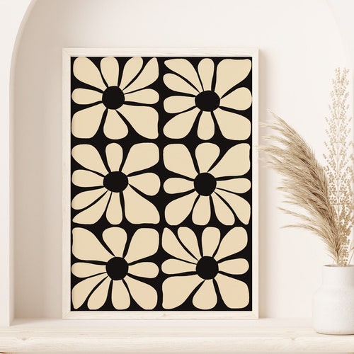 Black and White Checkered Flower Pattern Wall Art Geometric Etsy