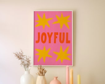 Colorful Maximalist 'Joyful!' Print | Digital Poster | Retro Typography, Funky 70s Art | Groovy Pink, Yellow, Orange | Trendy Home Decor