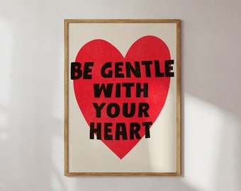 Retro 'Be Gentle With Your Heart' Poster | DIGITAL Red Art, Self Care Reminder, Soft Inspiring Quote, Heart Drawing, Large Printable Art