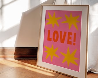 Maximalist 'Love!' Print | Digital Poster | Retro Typography, Funky 70s Home | Boho Pink, Yellow Orange Decor | Groovy Room, Coastal Summer