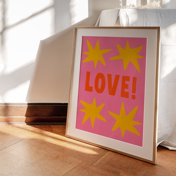 Maximalist 'Love!' Print | Digital Poster | Retro Typography, Funky 70s Home | Boho Pink, Yellow Orange Decor | Groovy Room, Coastal Summer