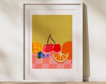 Fruit Bundle Kitchen Poster | PRINTABLE Digital Art Print | Retro, Vintage Colorful Pastels Screenprint | Cherry, Orange, Blueberries