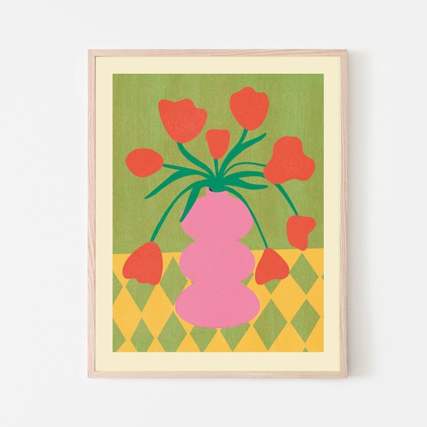 Pastel Tulips Vase Painting Poster | PRINTABLE Wall Art | Green Pink Minimalist Checkered Flowers | Fleur Kitchen, Dorm, Bedroom Home Decor