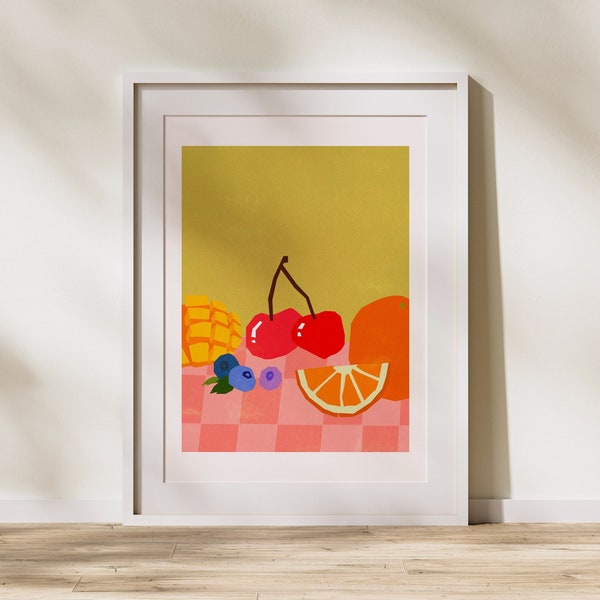 Fruit Bundle Kitchen Poster | PRINTABLE Digital Art Print | Retro, Vintage Colorful Pastels Screenprint | Cherry, Orange, Blueberries
