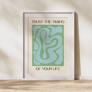 Wavy Shapes 'Trust the Timing' Poster | PRINTABLE Digital Wall Art | Abstract Pastel Blue Green | Minimalist | Botanical, Tropical Room
