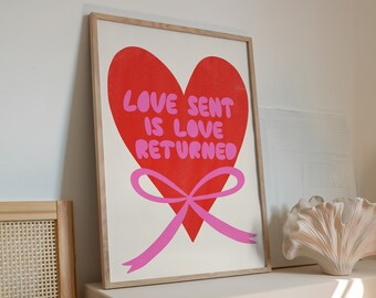 Romantic 'Love Sent, Love Returned' Poster | Pink Red Wall Art | Cute Heart, Trendy Bedroom Print | Valentines Day, Bf Gf Relationship Gift