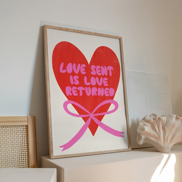 Romantic 'Love Sent, Love Returned' Poster | Pink Red Wall Art | Cute Heart, Trendy Bedroom Print | Valentines Day, Bf Gf Relationship Gift