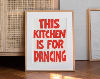 Retro 'This Kitchen Is For Dancing' Poster | DIGITAL Hand Drawn Art, Fun Room Decor, Inspiring Quote, Red and White Large Printable Art