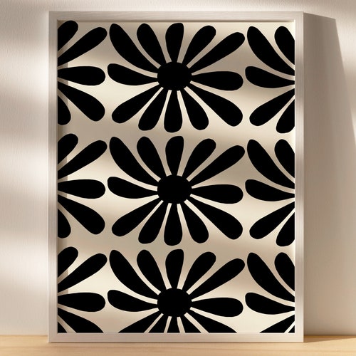 Black and White Checkered Flower Pattern Wall Art Geometric Etsy