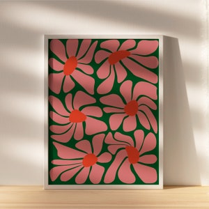 Tropische Boho bloemposter AFDRUKBARE kunst aan de muur Funky, Plantenliefhebber, Botanische Roze, groen en oranje ontwerp DIRECT digitale download afbeelding 1