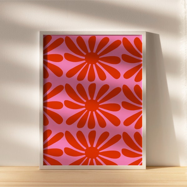 Pink and Red Minimalistic Flower Wall Pattern Poster | INSTANT Digital Wall Art | Mid-Century, Scandinavian Hippie Home or Office Decor
