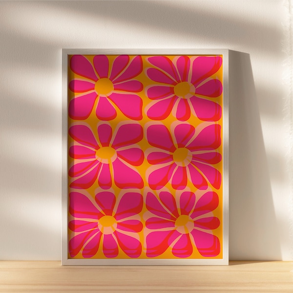 Pink and Yellow Risograph Flower Poster | PRINTABLE Wall Art | Tropical, Boho Home Decor | Colorful Floral Illustration | y2k 2000s Print