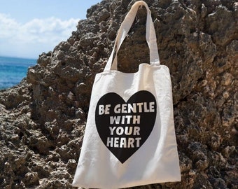 Be Gentle With Your Heart - Canvas Tote Bag | grocery, school, book bag | Black Art Print | Book lover gift, Christmas present, Heart shaped