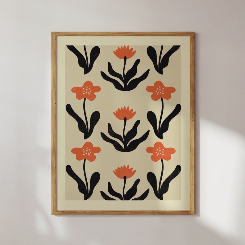 Cartel de flores de viento y amapolas / IMPRIMIBLE Arte de patrón de flor negro, rojo ondulado / Boho, Naturaleza, Jardín floral / Vivero de casa de campo botánico imagen 2