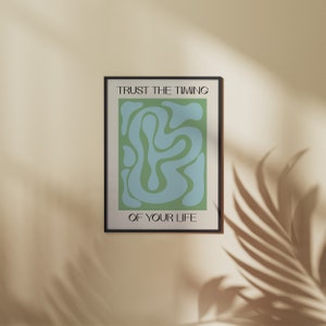 Cartel de formas onduladas 'Confíe en el tiempo' / Arte de pared digital IMPRIMIBLE / Verde azul pastel abstracto / Minimalista / Botánico, Habitación tropical imagen 9