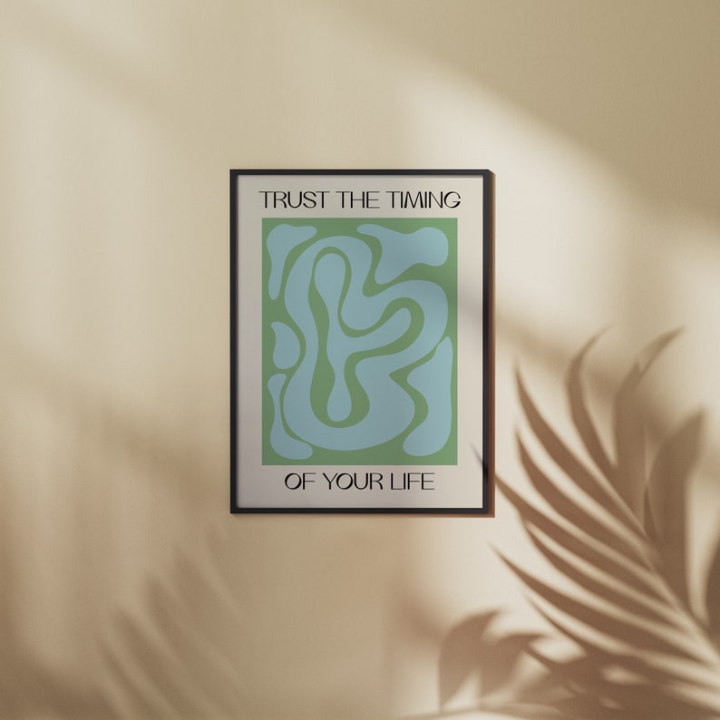 Cartel de formas onduladas 'Confíe en el tiempo' / Arte de pared digital IMPRIMIBLE / Verde azul pastel abstracto / Minimalista / Botánico, Habitación tropical imagen 9