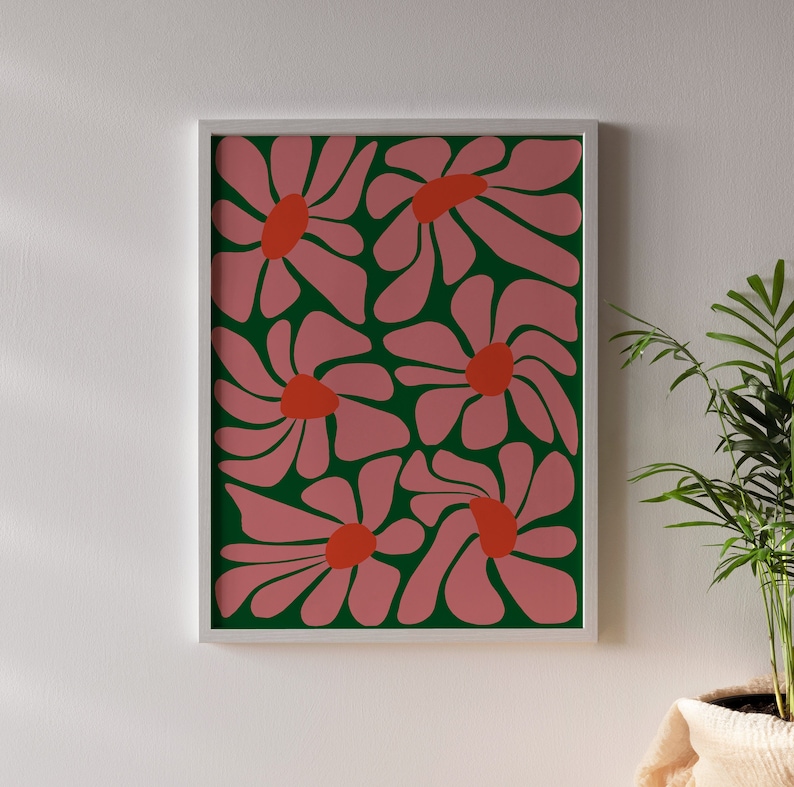 Tropische Boho bloemposter AFDRUKBARE kunst aan de muur Funky, Plantenliefhebber, Botanische Roze, groen en oranje ontwerp DIRECT digitale download afbeelding 5