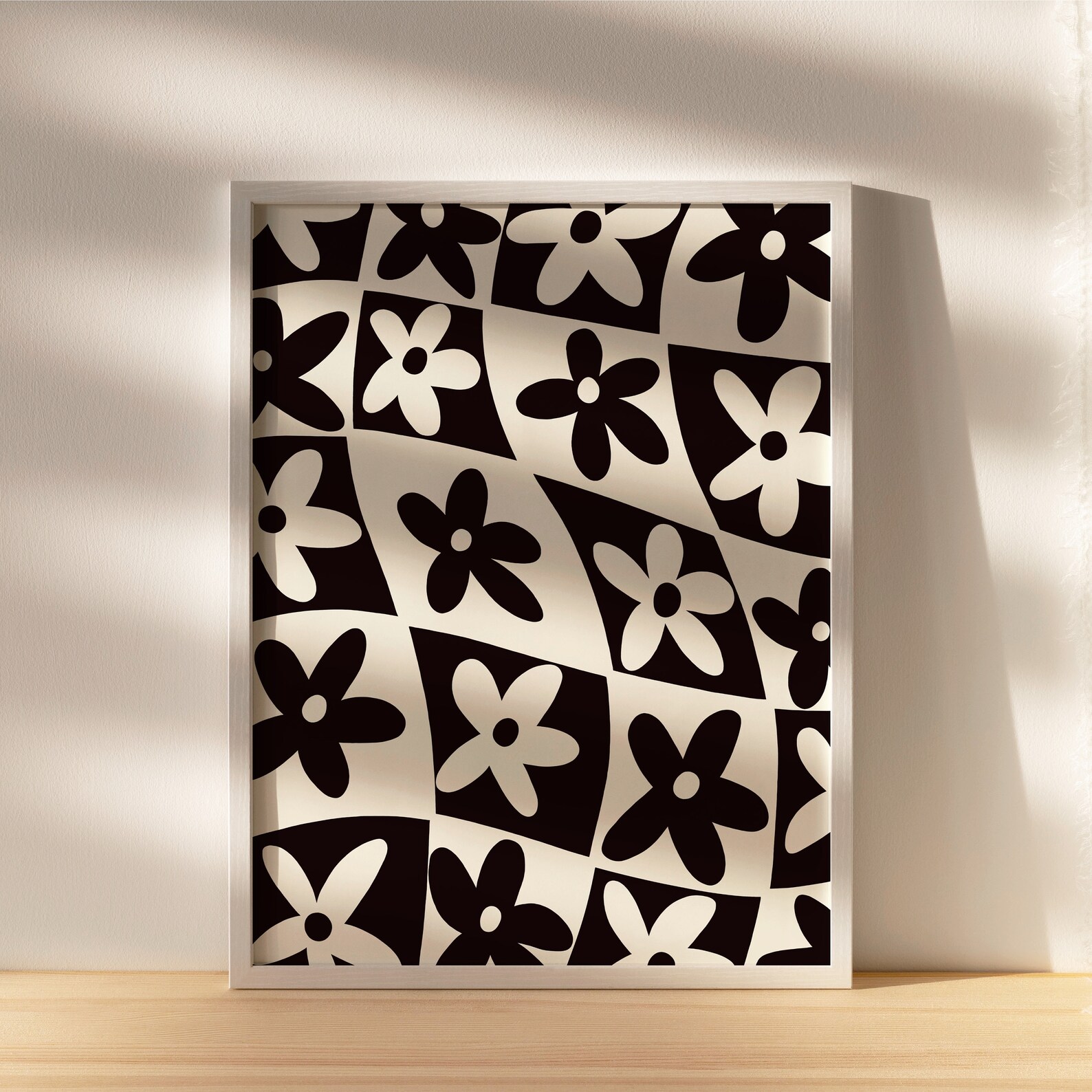 Black and White Checkered Flower Pattern Wall Art Geometric Etsy