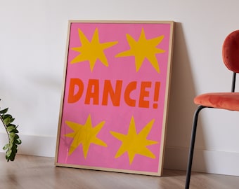 Maximalist 'Dance!' Print | Digital Poster | Retro Typography, Funky 70s Home | Boho Pink, Yellow Orange Decor | Groovy Room, Coastal Summer