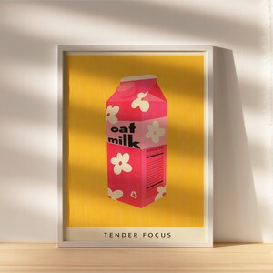 Cartel de leche a base de plantas / Arte de pared de leche de avena IMPRIMIBLE, Risógrafo rosa y amarillo / Decoración de cocina colorida digital imagen 2