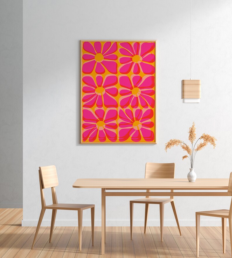 Cartel de flores de risógrafo rosa y amarillo / Arte de pared IMPRIMIBLE / Tropical, Decoración del hogar Boho / Ilustración floral colorida / Impresión y2k de la década de 2000 imagen 5