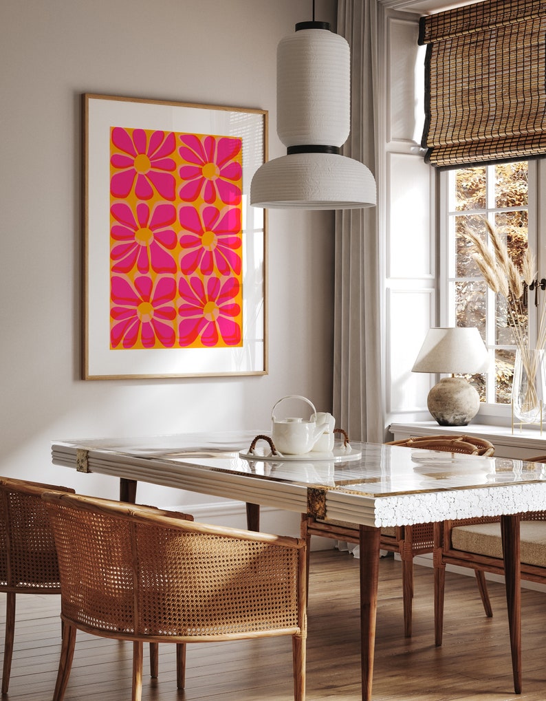 Cartel de flores de risógrafo rosa y amarillo / Arte de pared IMPRIMIBLE / Tropical, Decoración del hogar Boho / Ilustración floral colorida / Impresión y2k de la década de 2000 imagen 4