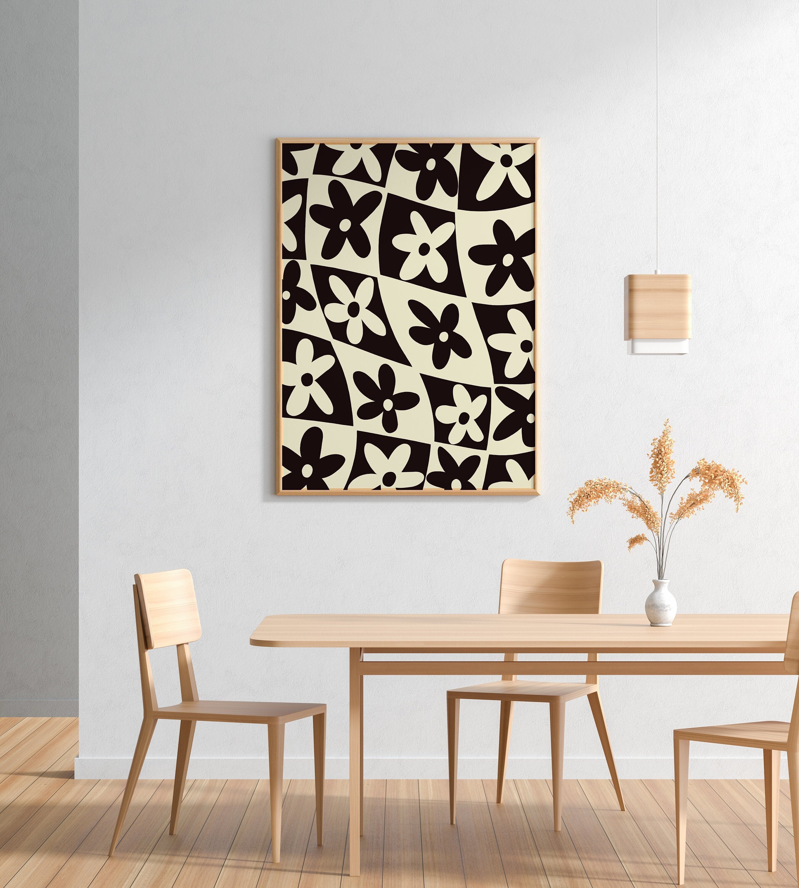 Black and White Checkered Flower Pattern Wall Art Geometric Etsy
