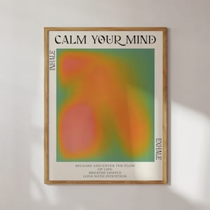 Puede incluir: Una impresión artística enmarcada con las palabras "CALM YOUR MIND" en la parte superior. La obra de arte presenta un diseño borroso en tonos naranja, rosa y verde. Las palabras "INHALE" y "EXHALE" están en los lados, con texto inspirador en la parte inferior.