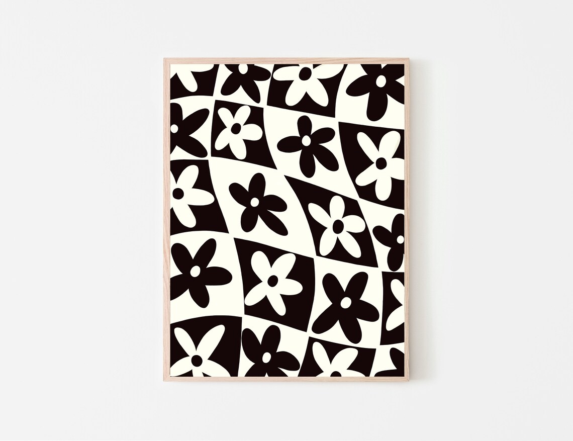 Black and White Checkered Flower Pattern Wall Art Geometric | Etsy