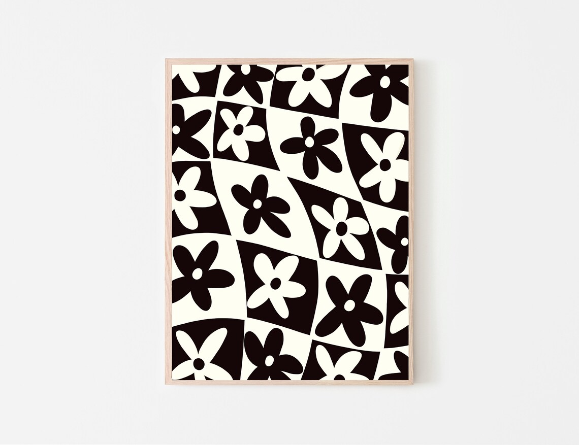 Black and White Checkered Flower Pattern Wall Art Geometric Etsy