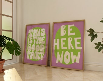 Scandinavian 'Be Here Now' Art Print | DIGITAL Poster | Inspirational, Relaxing Quote | Purple and Green Room Decor | Spiritual, Meditation