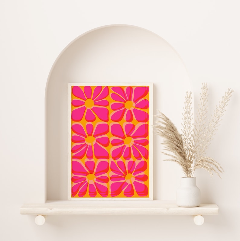 Cartel de flores de risógrafo rosa y amarillo / Arte de pared IMPRIMIBLE / Tropical, Decoración del hogar Boho / Ilustración floral colorida / Impresión y2k de la década de 2000 imagen 2