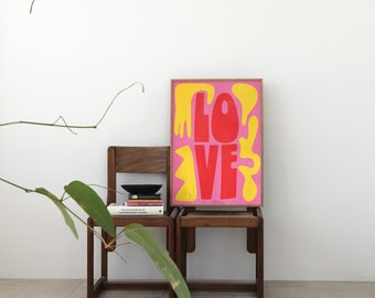 Vivid Pink, Funky Love Poster | PRINTABLE Wall Art | Maximalist Home Decor | Neon Bright Colorful Print | Yellow and Red, Wavy Retro 70s