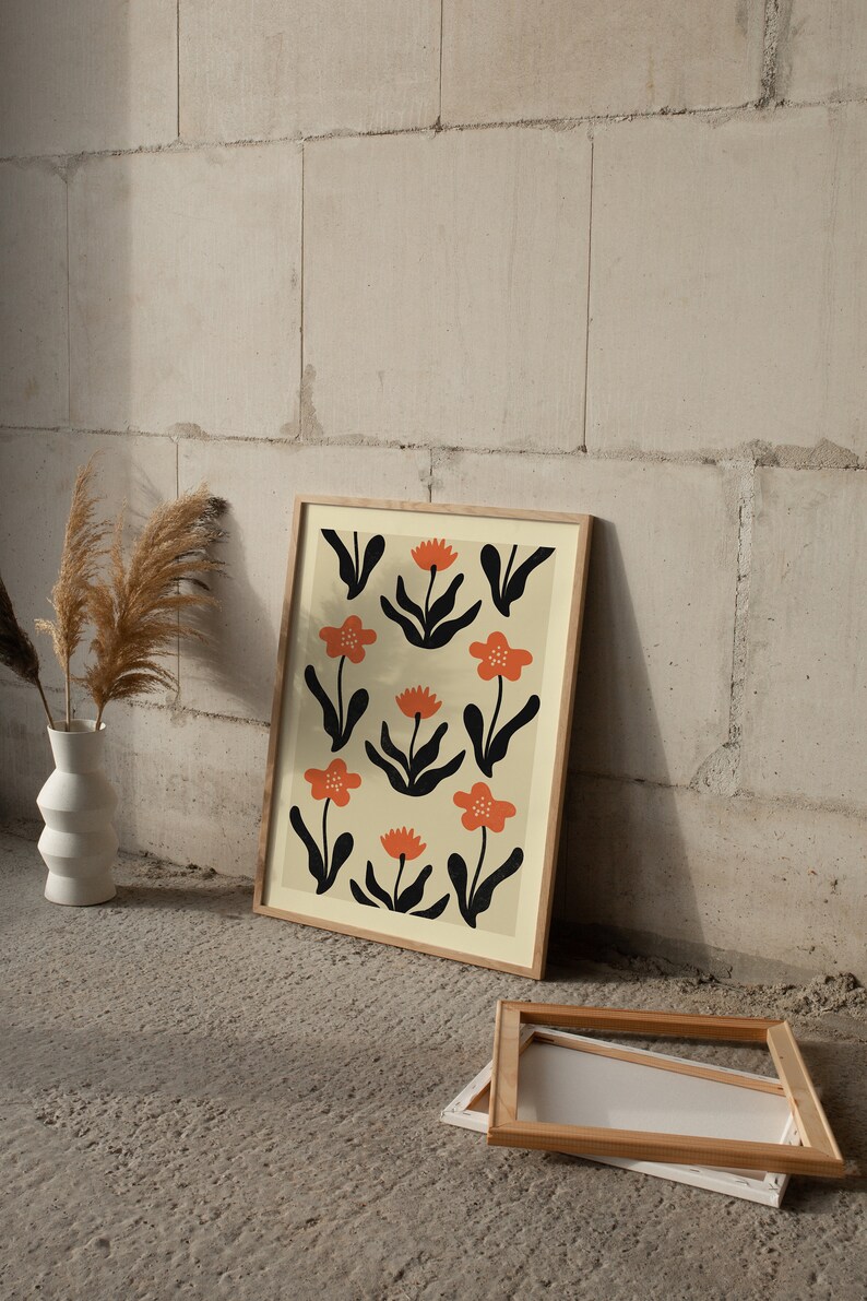 Cartel de flores de viento y amapolas / IMPRIMIBLE Arte de patrón de flor negro, rojo ondulado / Boho, Naturaleza, Jardín floral / Vivero de casa de campo botánico imagen 7
