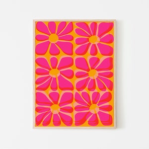 Cartel de flores de risógrafo rosa y amarillo / Arte de pared IMPRIMIBLE / Tropical, Decoración del hogar Boho / Ilustración floral colorida / Impresión y2k de la década de 2000 imagen 3