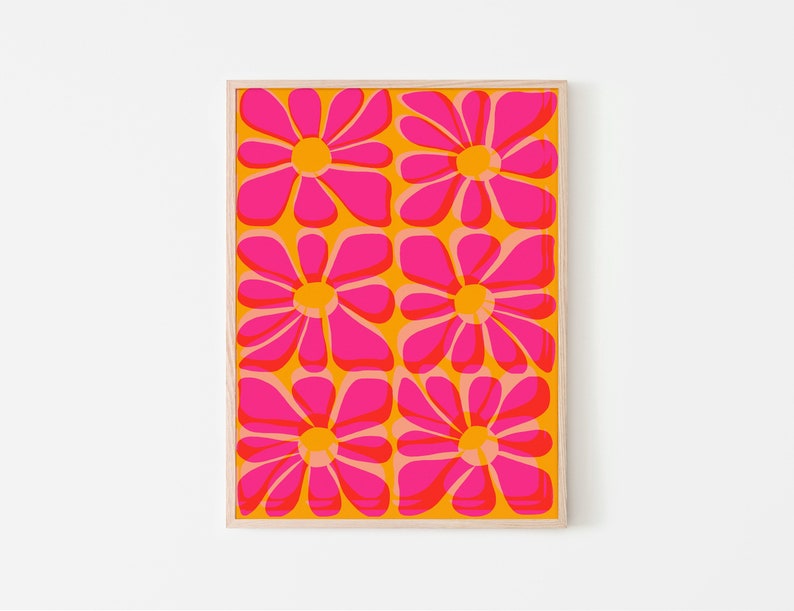 Cartel de flores de risógrafo rosa y amarillo / Arte de pared IMPRIMIBLE / Tropical, Decoración del hogar Boho / Ilustración floral colorida / Impresión y2k de la década de 2000 imagen 3