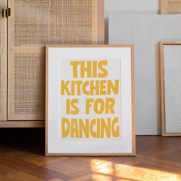 Bright Yellow Kitchen Print, 'This Kitchen Is For Dancing' Wall Art | DIGITAL Poster, Happy Phrase, Vintage Retro Room Decor | Cook gift