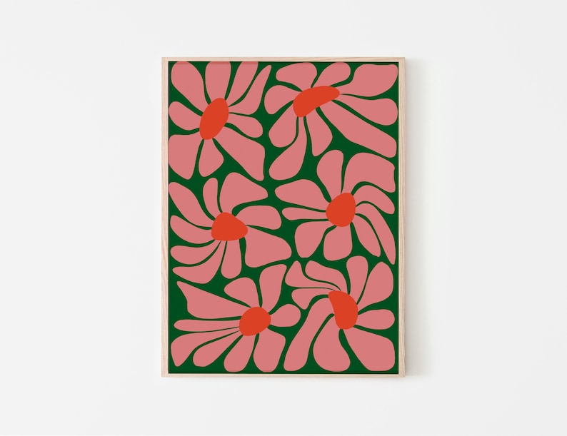 Tropische Boho bloemposter AFDRUKBARE kunst aan de muur Funky, Plantenliefhebber, Botanische Roze, groen en oranje ontwerp DIRECT digitale download afbeelding 2