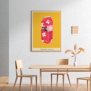 Cartel de leche a base de plantas / Arte de pared de leche de avena IMPRIMIBLE, Risógrafo rosa y amarillo / Decoración de cocina colorida digital imagen 8