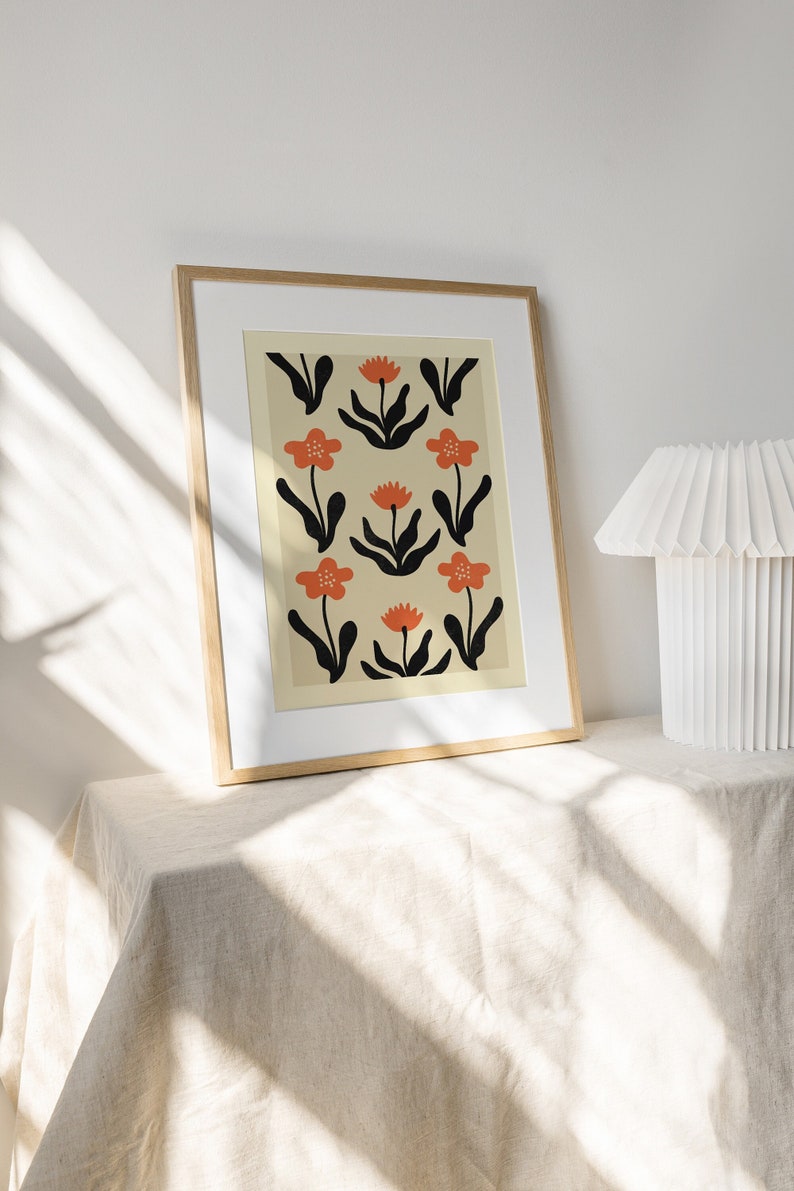 Cartel de flores de viento y amapolas / IMPRIMIBLE Arte de patrón de flor negro, rojo ondulado / Boho, Naturaleza, Jardín floral / Vivero de casa de campo botánico imagen 1
