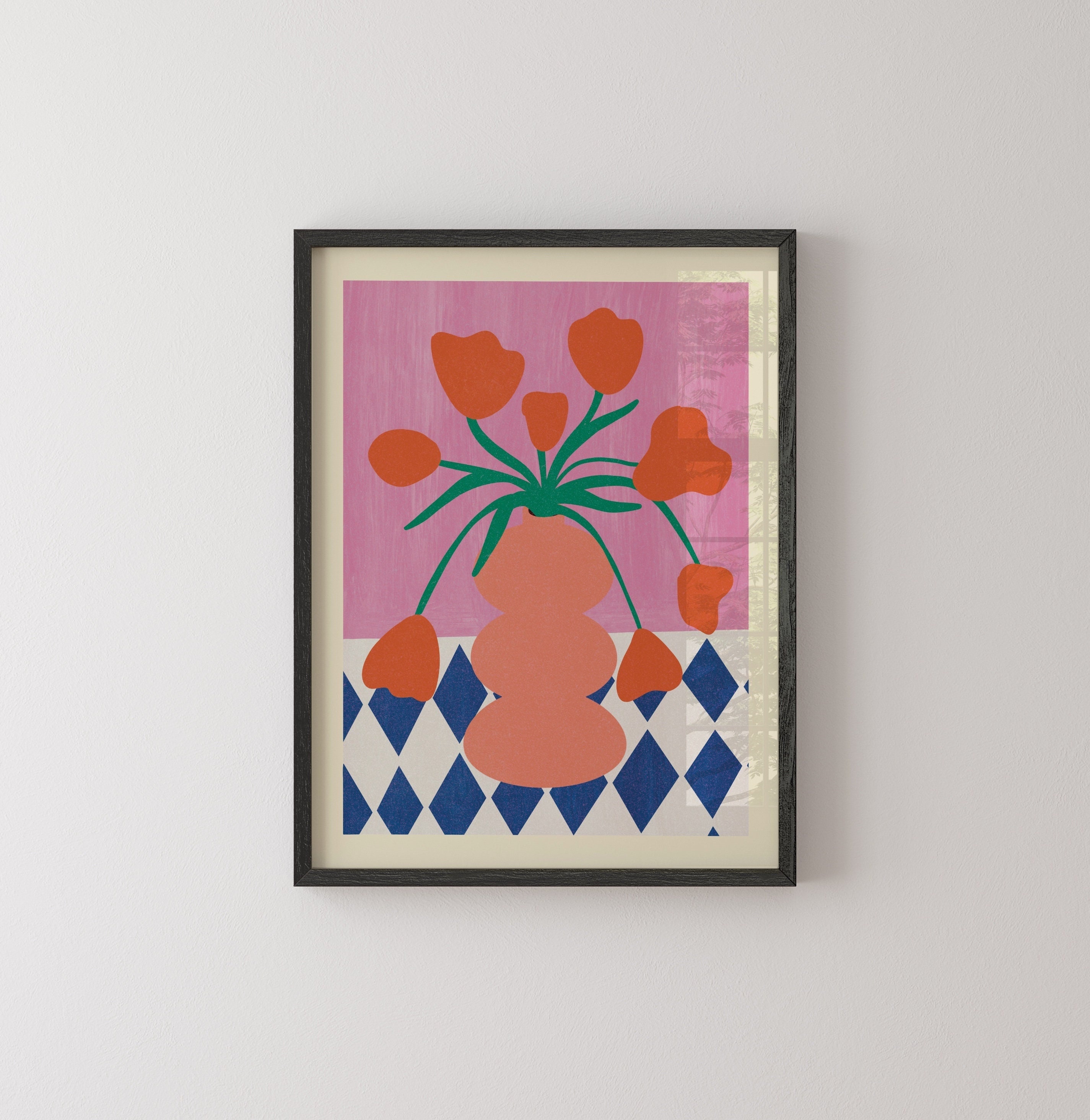 Tulips Vase Painting Poster | Pink Checkered Floral Art (digital ...