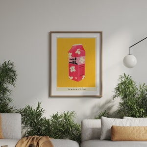 Cartel de leche a base de plantas / Arte de pared de leche de avena IMPRIMIBLE, Risógrafo rosa y amarillo / Decoración de cocina colorida digital imagen 3