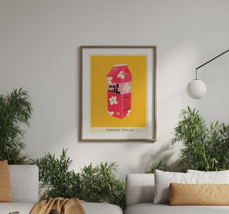 Plant Based Milk Poster PRINTABLE Oat Milk Wall Art, Pink and Yellow Risograph Digital Colorful Kitchen Decor image 3