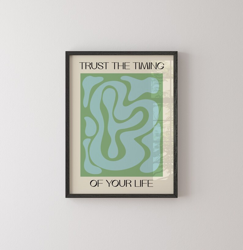 Cartel de formas onduladas 'Confíe en el tiempo' / Arte de pared digital IMPRIMIBLE / Verde azul pastel abstracto / Minimalista / Botánico, Habitación tropical imagen 2